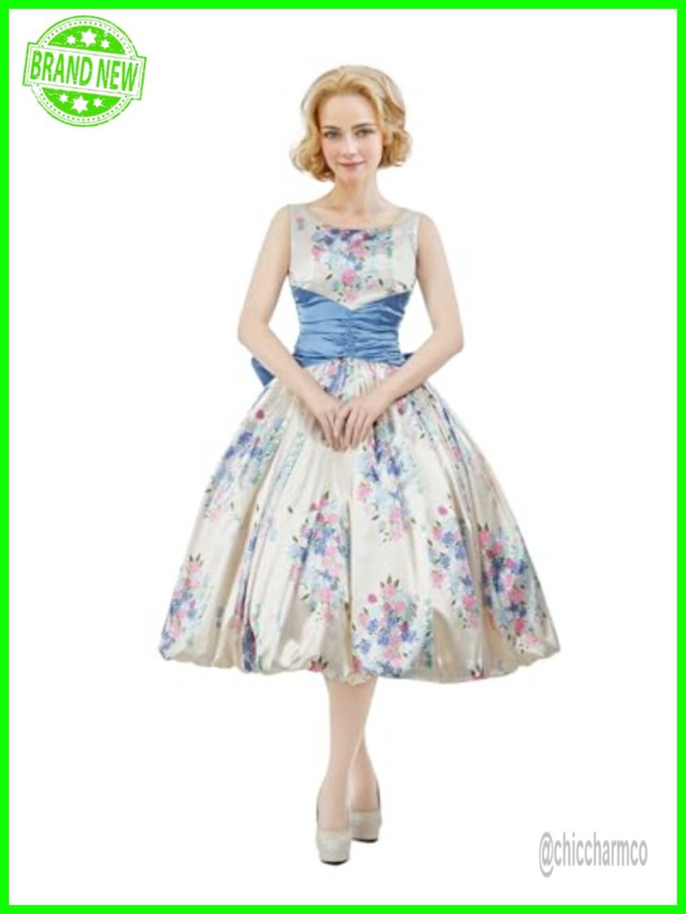 Women's 1950s Retro Floral Swing Dress with Bow Sleeveless Vintage Cocktail